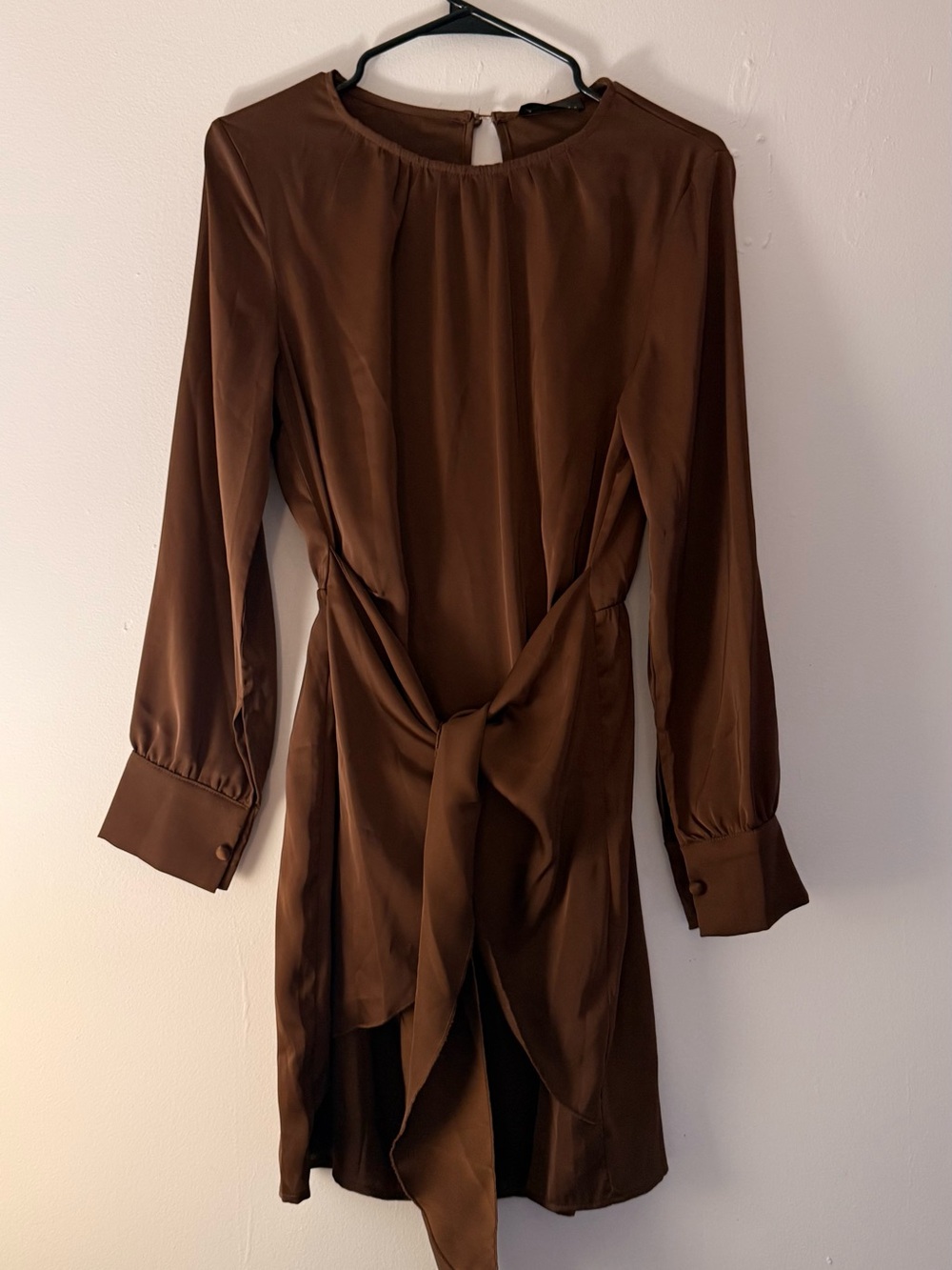 Long-Sleeve Brown Tie-Front Dress